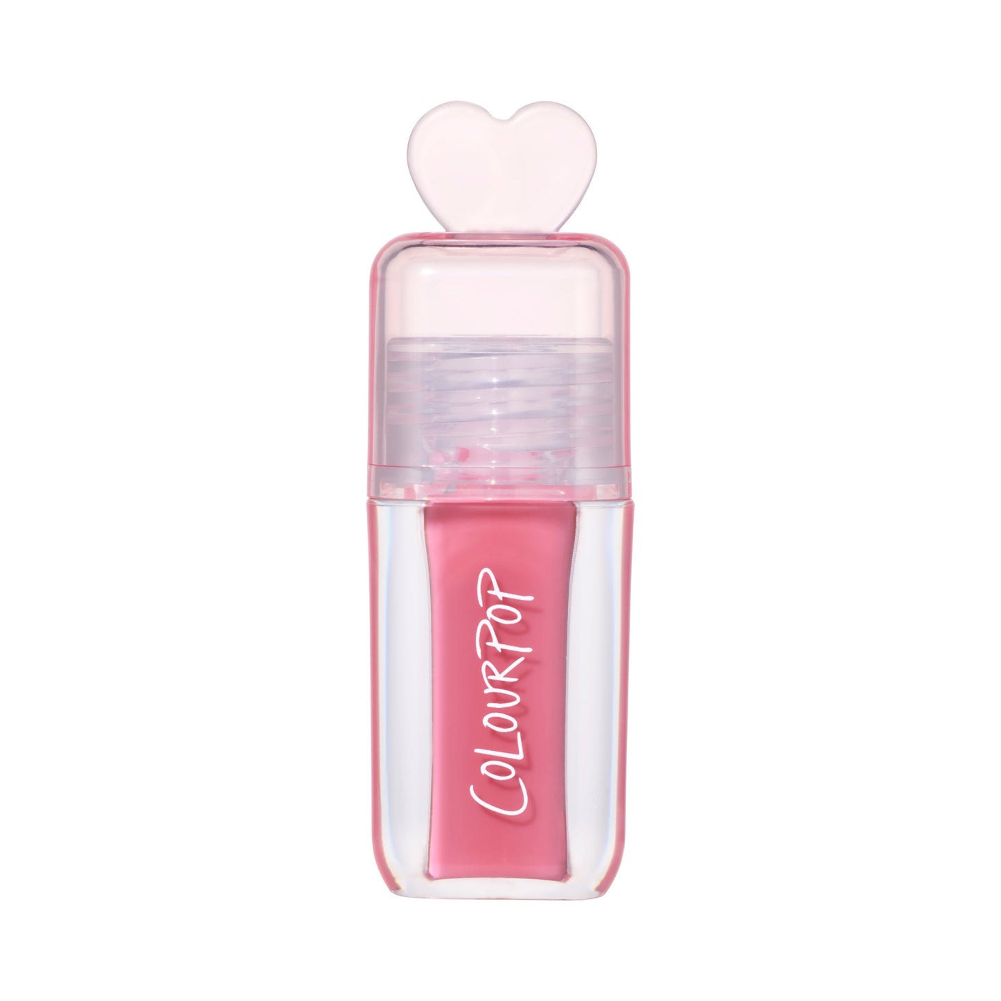 ColourPop Still That Girl ultra glossy lip in pink, standing upright with a clear rectangular tube, heart-shaped cap, and Heart to Get inspired packaging on a clean white background for a modern makeup product shot.