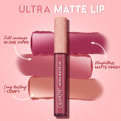 ColourPop Ultra Matte Lip in Toast stands centered over three lipstick swatches, highlighting full-coverage, weightless matte payoff; long-lasting, comfy nude-rose shade with peachy undertones on a pink starry background.