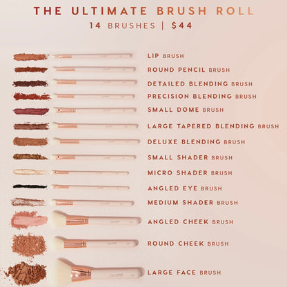 Ultimate Brush Roll displays 14 blush‑pink brushes with rose‑gold ferrules, lined beside powder and eyeshadow swatches, highlighting lip, blending, shader, angled cheek, round cheek, and large face tools on a cream backdrop; $44 ColourPop Makeup Brush Kit.
