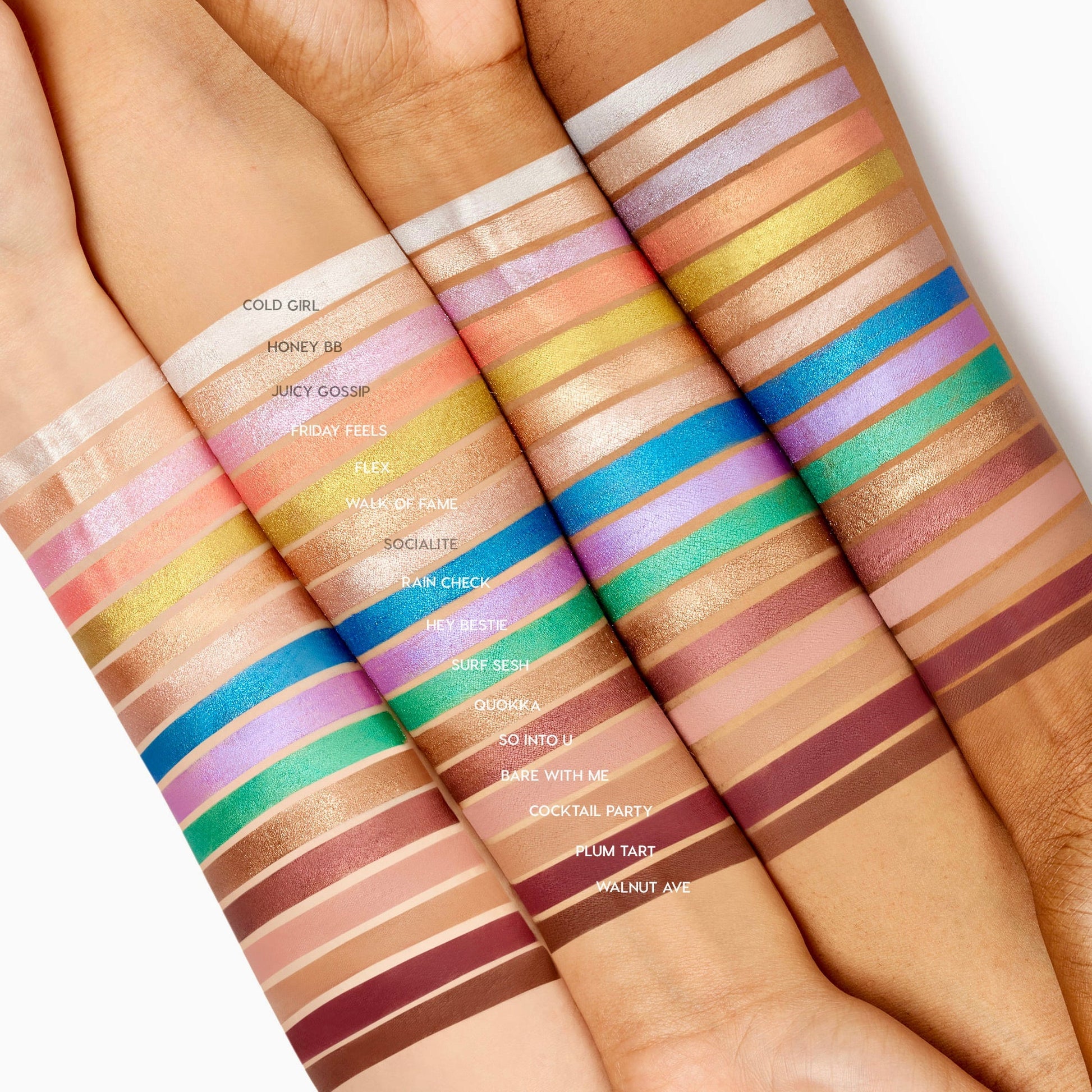 Hey Bestie ColourPop Shadow Stix swatch - a soft shimmery neutral - shown across four arms of varying skin tones with rows of labeled shades to compare color payoff and finish, highlighting the Shadow Stix collection.
