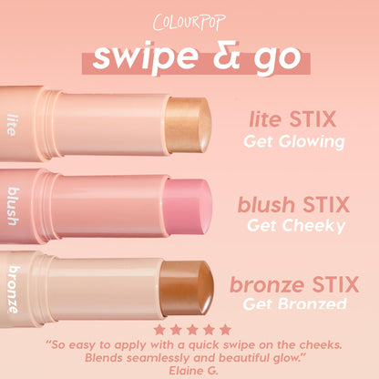 Glazey Lite Stix highlighter - champagne-gold ColourPop Lite Stix - twist-up bullet extended, displayed alongside blush and bronze sticks on a peach gradient backdrop with “swipe & go” messaging for a quick, blendable glow.