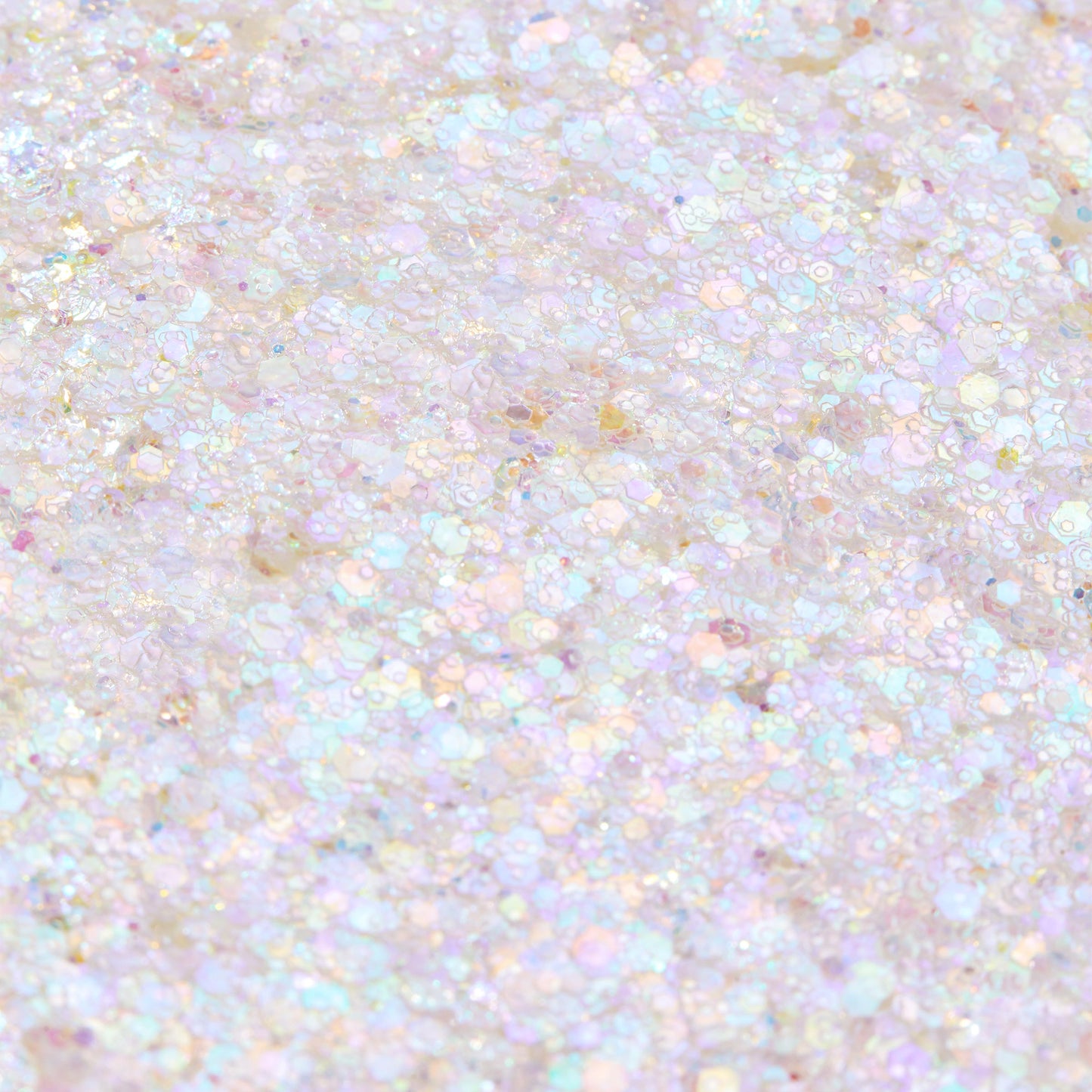 Disco Lady Glitter Gel shimmering in a close-up swatch, iridescent opal hex and micro glitter suspended in clear gel reflecting pastel rainbow hues; macro texture for ColourPop Glitter Gel product photography.
