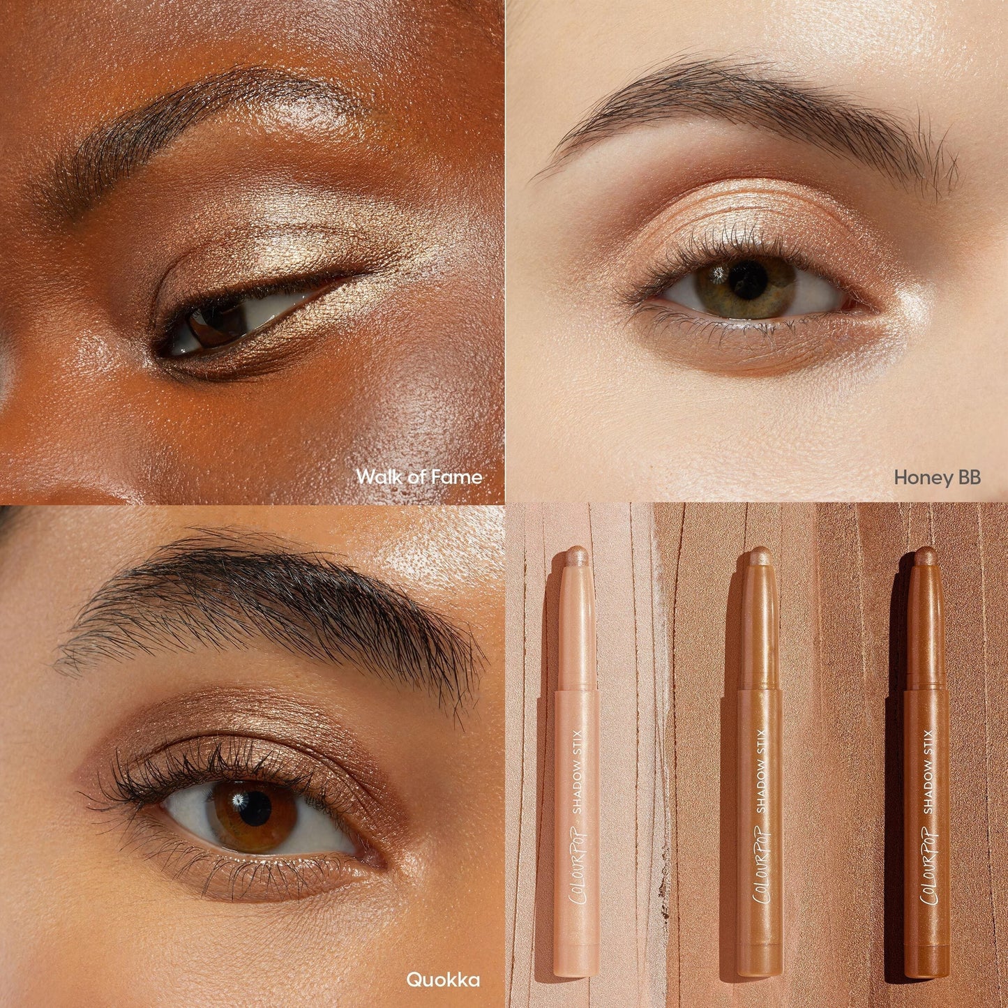 ColourPop Shadow Stix Shimmering Golds enhancing lids with luminous gold, shown in a grid: close-ups wearing Walk of Fame, Honey BB, and Quokka plus three twist-up sticks on a wood backdrop, demonstrating payoff across multiple skin tones.