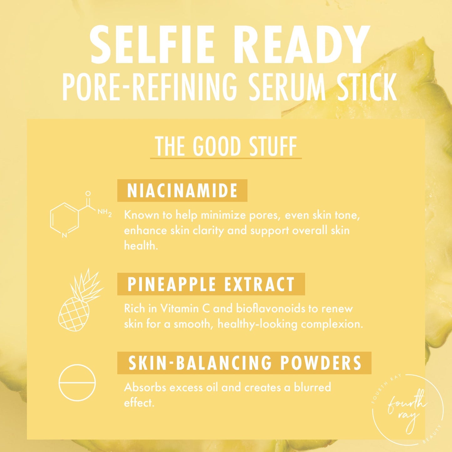 Selfie Ready pore-refining serum stick infographic showcases key ingredients - niacinamide, pineapple extract, and skin-balancing powders - promoting smooth, clarified skin; a ColourPop Serum Stick by Fourth Ray Beauty on a yellow pineapple backdrop.