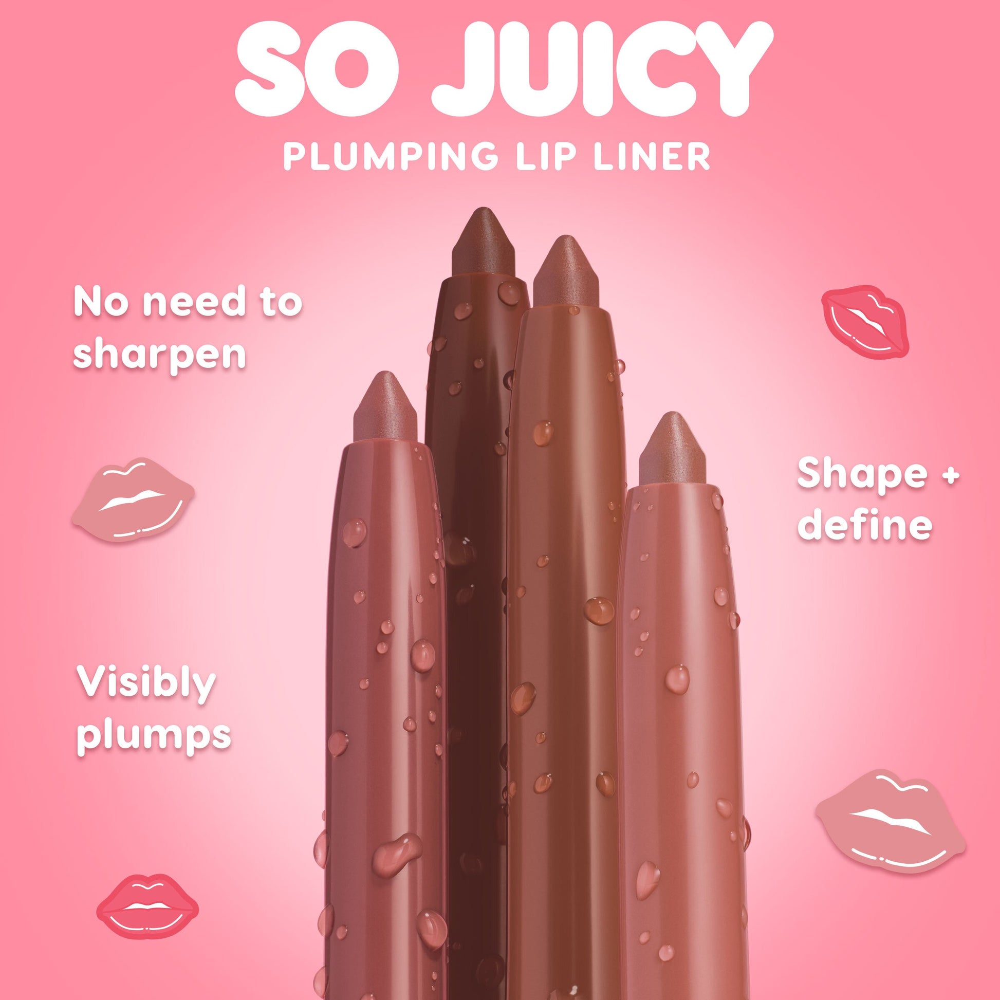 ColourPop Group Chat So Juicy Plumping Lip Liner with Peptides stands in four dewy nude-to-brown shades, twist-up tips showing a no-sharpen design, highlighting plumping and shape-and-define benefits against a pink gradient backdrop.