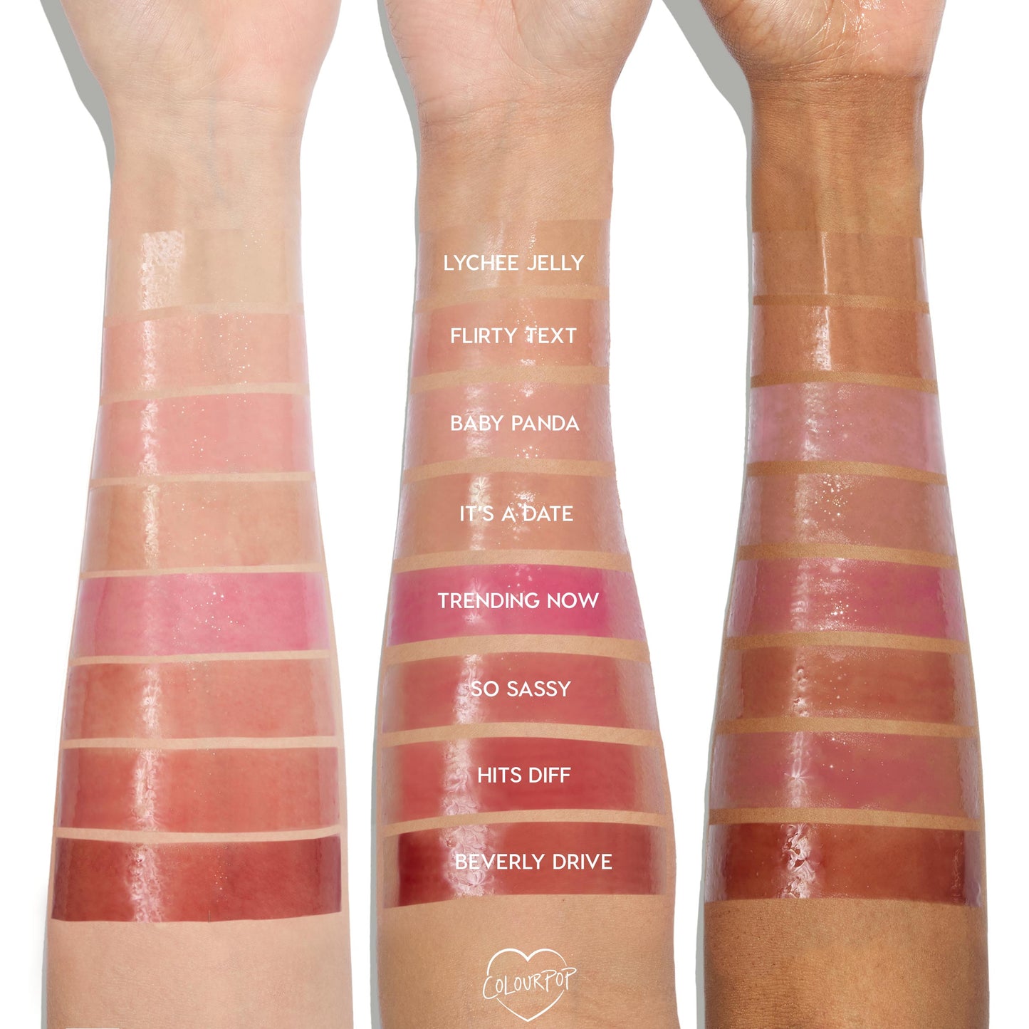 ColourPop So Juicy Plumping Glossy Lip Oil swatches across three arms (light to deep), with shade names labeled; focus on Hits Diff - a warm rosy gloss - positioned between So Sassy and Beverly Drive for easy shade comparison on varied skin tones.