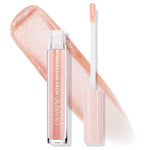 ColourPop Ultra Glossy Lip in Sugar Cookie stands with its wand uncapped, doe-foot applicator coated in peachy nude shimmer, set over a wide swatch of sparkling gloss; clear tube and blush star-print cap highlight the high-shine finish.