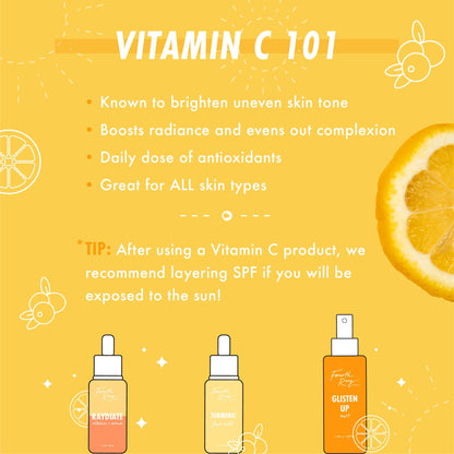 Bright Future Vitamin C Tonic promotional graphic showing Colourpop skincare serums on a sunny yellow background with sliced citrus, highlighting Vitamin C 101 benefits for all skin types and SPF layering tip for brighter, even-toned skin.